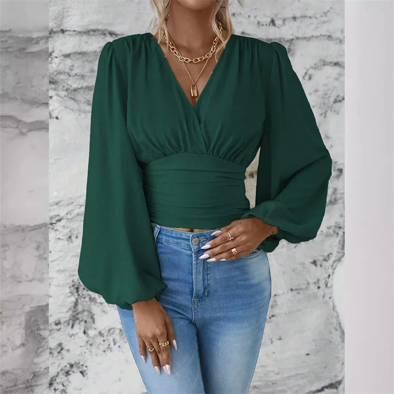 Spring Autumn Crossover Deep V Neck Pullover Shirt Women Skinny Waist Loose Long Sleeve Blouse Female Daily Commuter Casual Tops