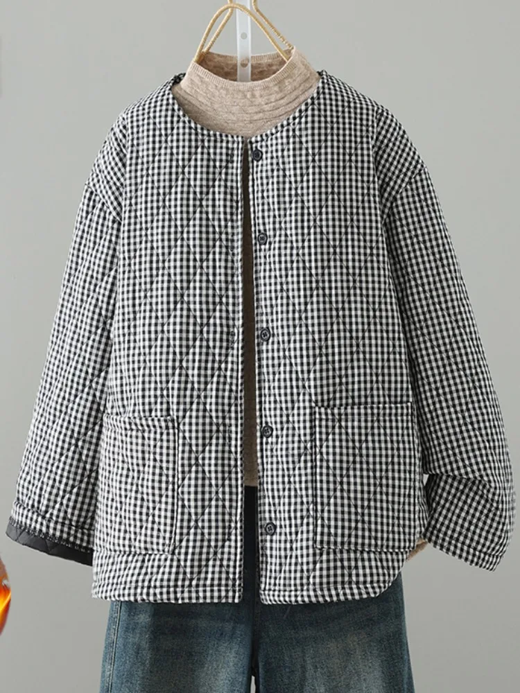 

Ретро Bla, белая клетчатая круглая хлопковая куртка Ne Thiened, женская зимняя повседневная верхняя одежда с хлопковой подкладкой, пальто для мамы