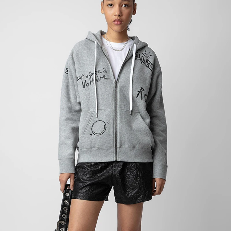 شتاء جديد وصول الفرنسية المتخصصة ZV كامل الكتابة على الجدران إلكتروني طباعة الصوف جاكيت زيبرا المرأة مقنعين البلوز