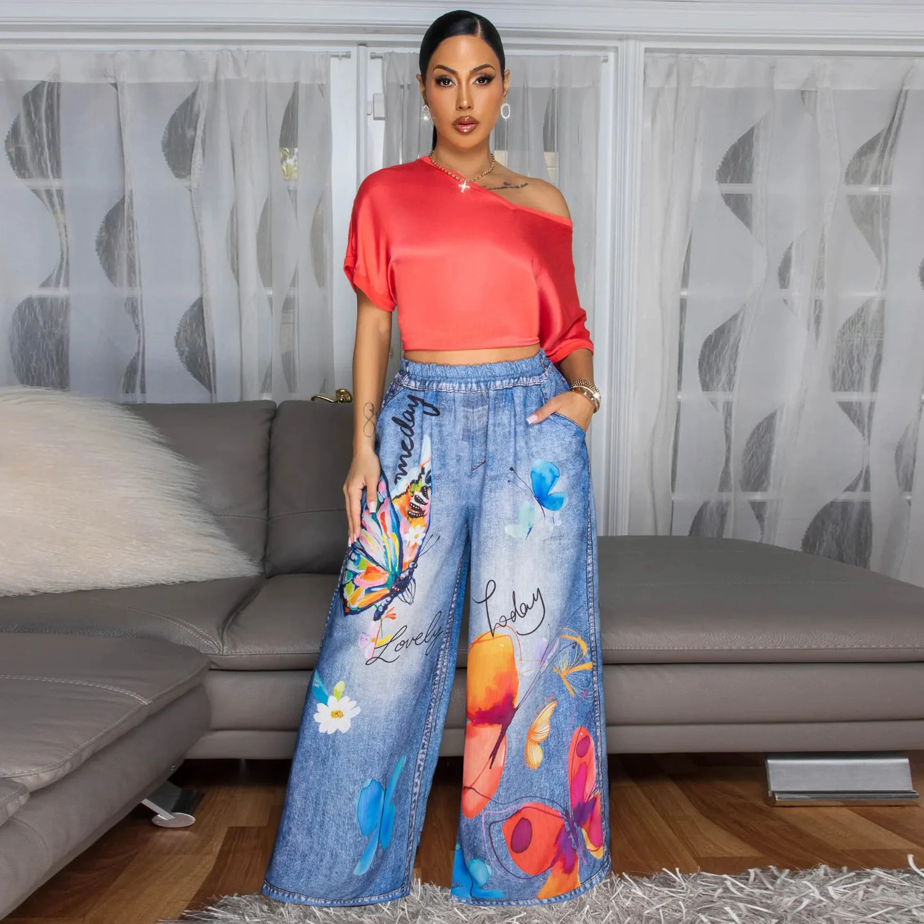 

Модные женские свободные широкие брюки из искусственного денима с 3D цветочным принтом, уличная одежда 2025 года, спортивные штаны в стиле хип-хоп, брюки