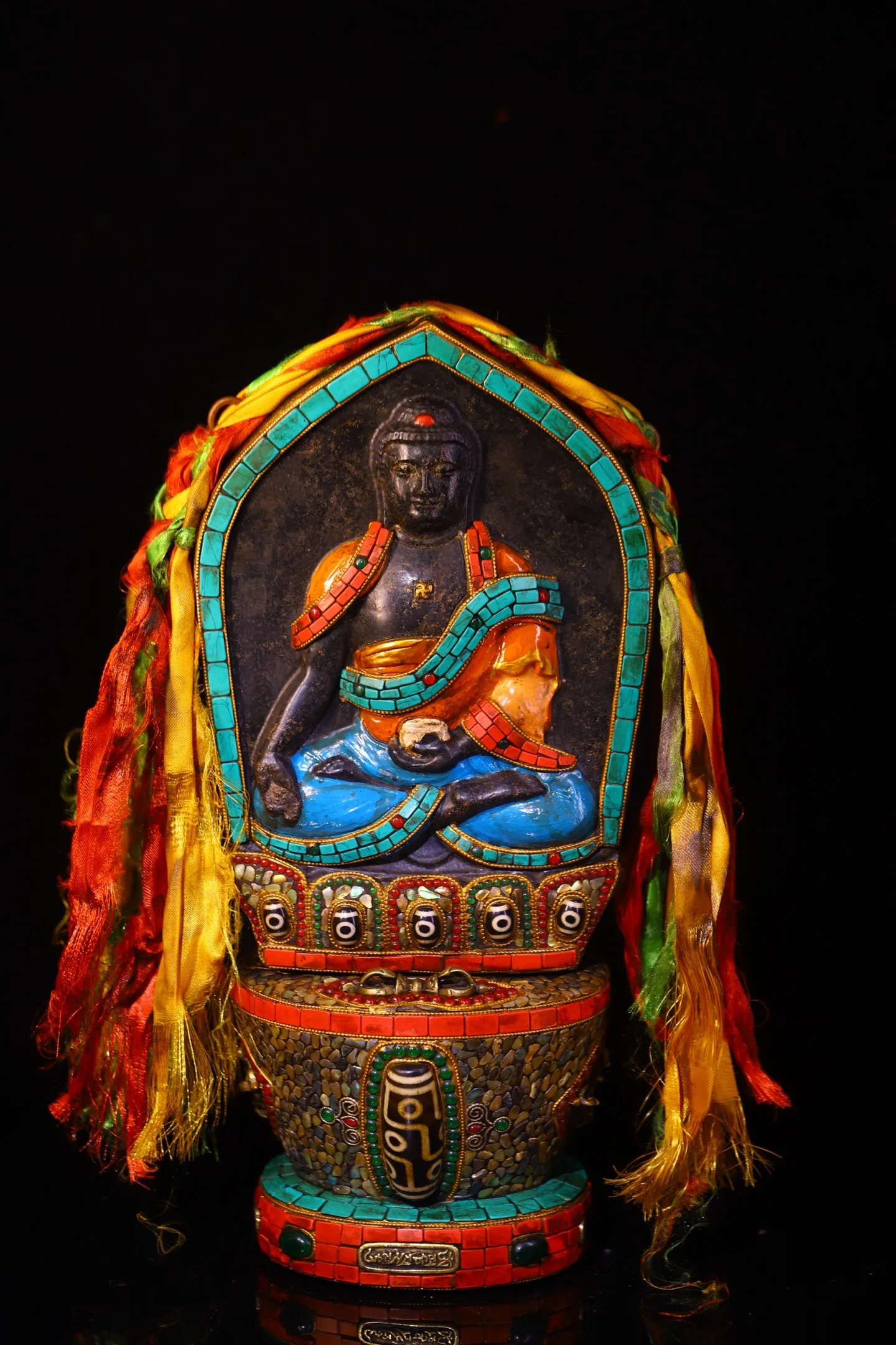 Old Folk Meteorite Painted Mosaic Gem gZi Beads Shell Turquoise Parinirvana Shakyamuni Buddha Plaque Buddhist Niche GARUDA Base