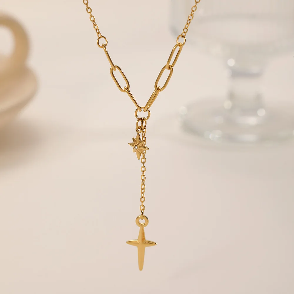 Minimalist Diamond-Accented Eight-Pointed Star Necklace with Tassel Cross Pendant, Stainless Steel Starburst Chain