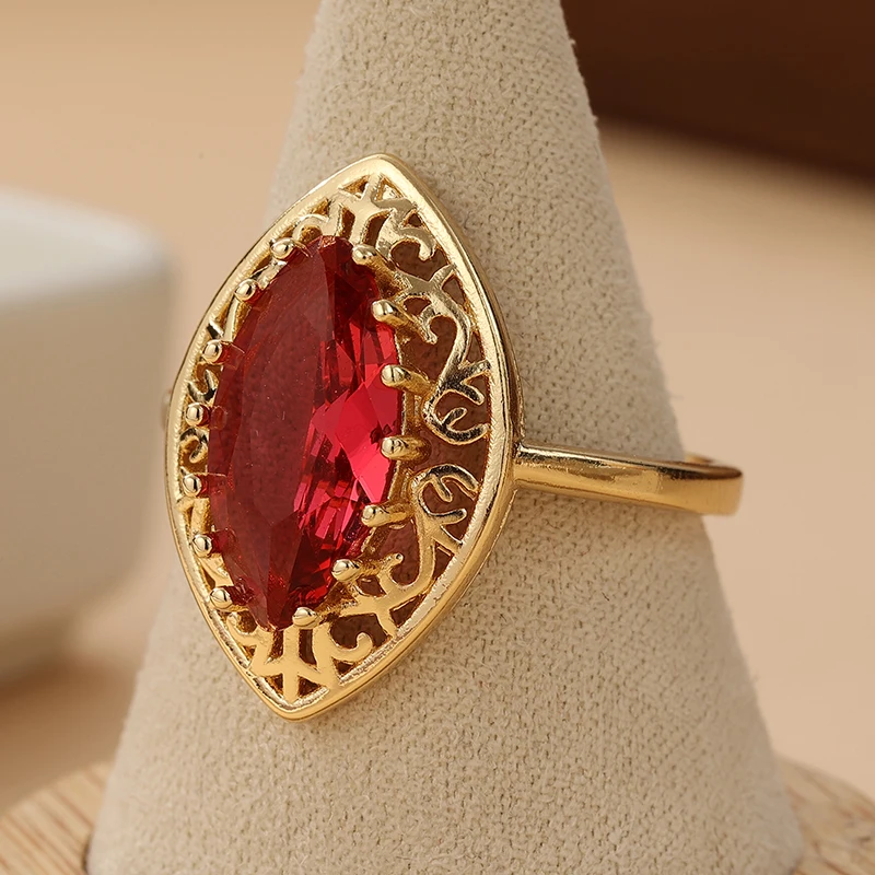 Vintage Kupfer Material Handwerker handgeschnitzt Muster Hohlring eingelegt mit rotem Pferdeauge synthetischer Zirkon Ring Schmuck – Detail 3