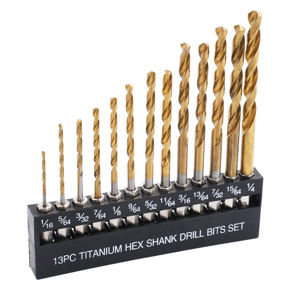 13pcs British System Hex Handle Drill Bits Electric Drilling Tool Set 1/16-1/4in For Wood Plastic Aluminum Alloy Quick Change
