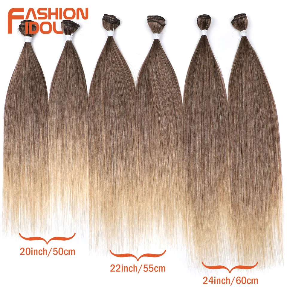 FASHION IDOL 300g Yaki Straight Hair Weaving Synthetic 20 22 24 Inches Fake Hair Bundles 6Pcs Ombre Brown Salon Hair Extensions