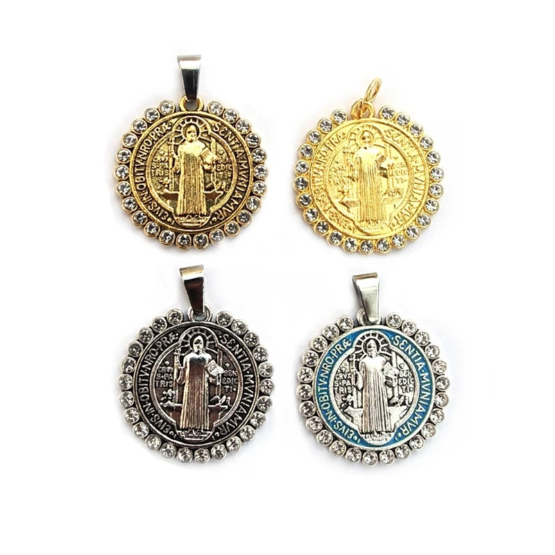 

QIGO 3 CM Vintage Metal Crystal Saint Benedict Pendant Religious Jewelry DIY Accessories