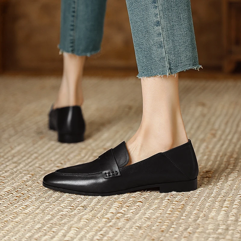 French Style Woman Shoes Autumn Spring Slip On Cowhide Loafers Genuine Leather Basic Design Flats Comfortable Loafer Shoes