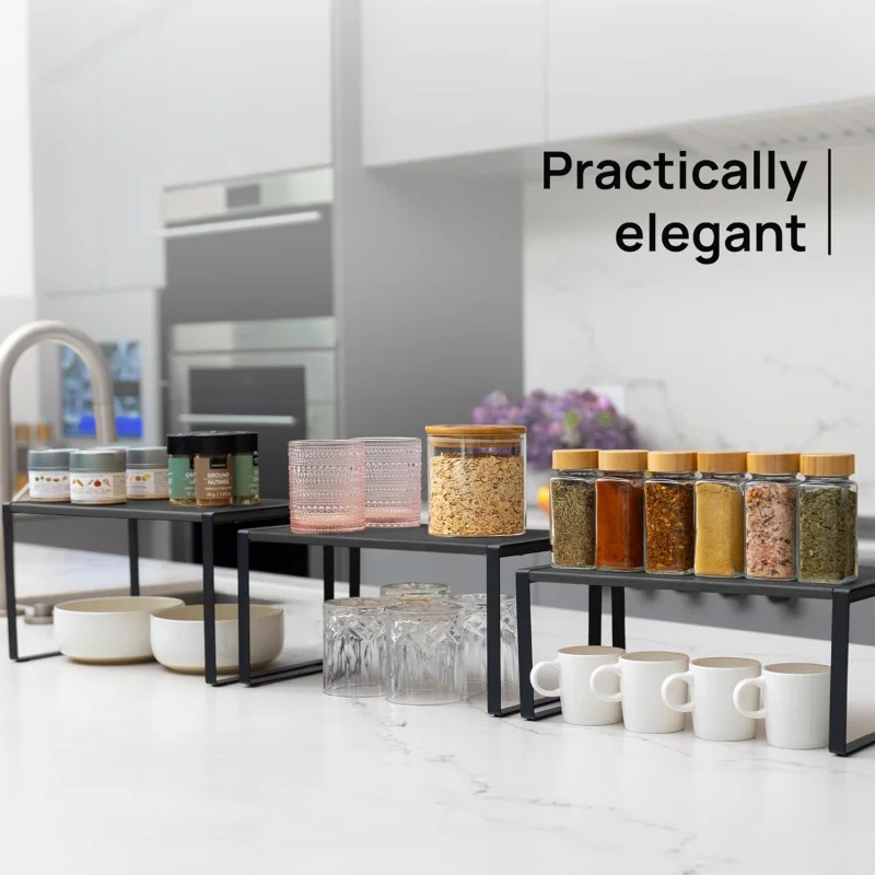Premium Kitchen Cabinet Organizer Shelf - Set of 3 Kitchen Counter Shelves - Stackable & Expandable Shelf Racks Kitchen Cabi