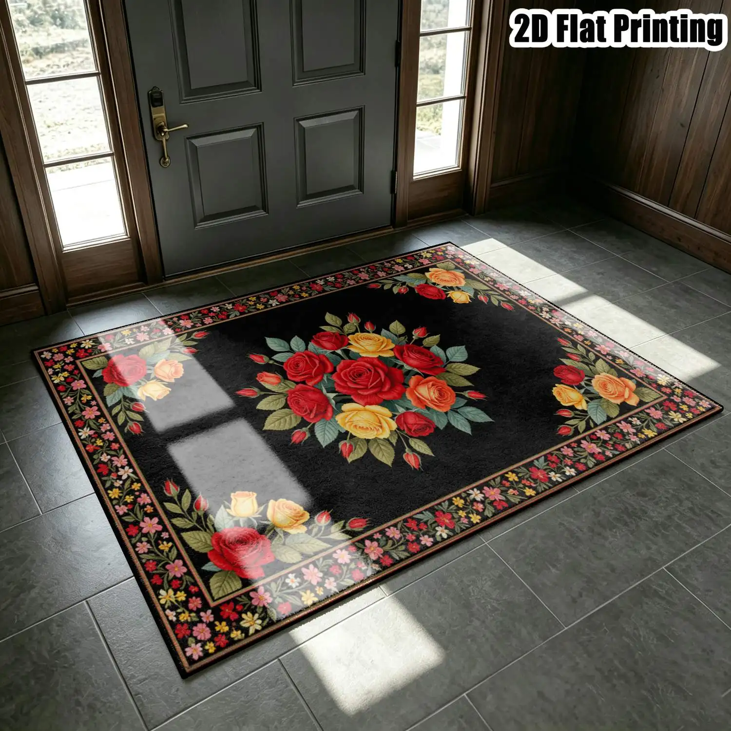 1Pc 2D Printed Retro Red Yellow Rose Floral Carpet European-Style Rug for Bedroom, Living Room, Entrance, Dining Room, Home Decor, Multi-Size, Machine Washable.