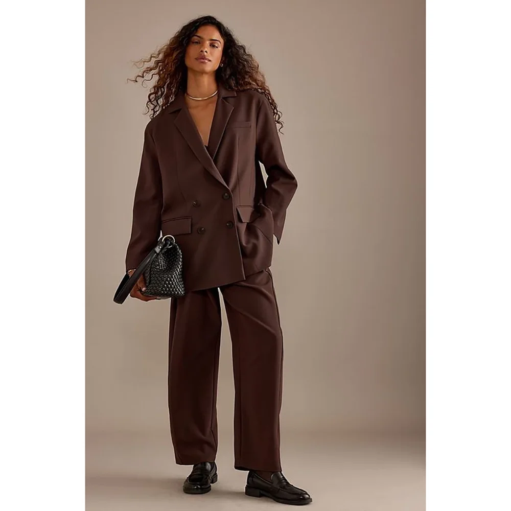 الترفيه البني مزدوجة الصدر النساء فستان أطفال مع سروال داخلي الراقية الإناث قطعتين (سترة + بنطلون) أطقم بناطيل