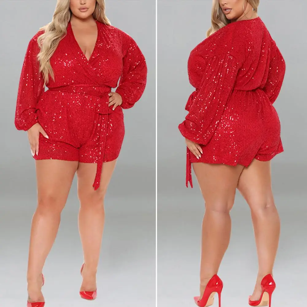 Women Romper Deep Lace-up Tight Waist Shiny Sequin Long Sleeve Romper Above Knee Length Club Party Lady Short Romper