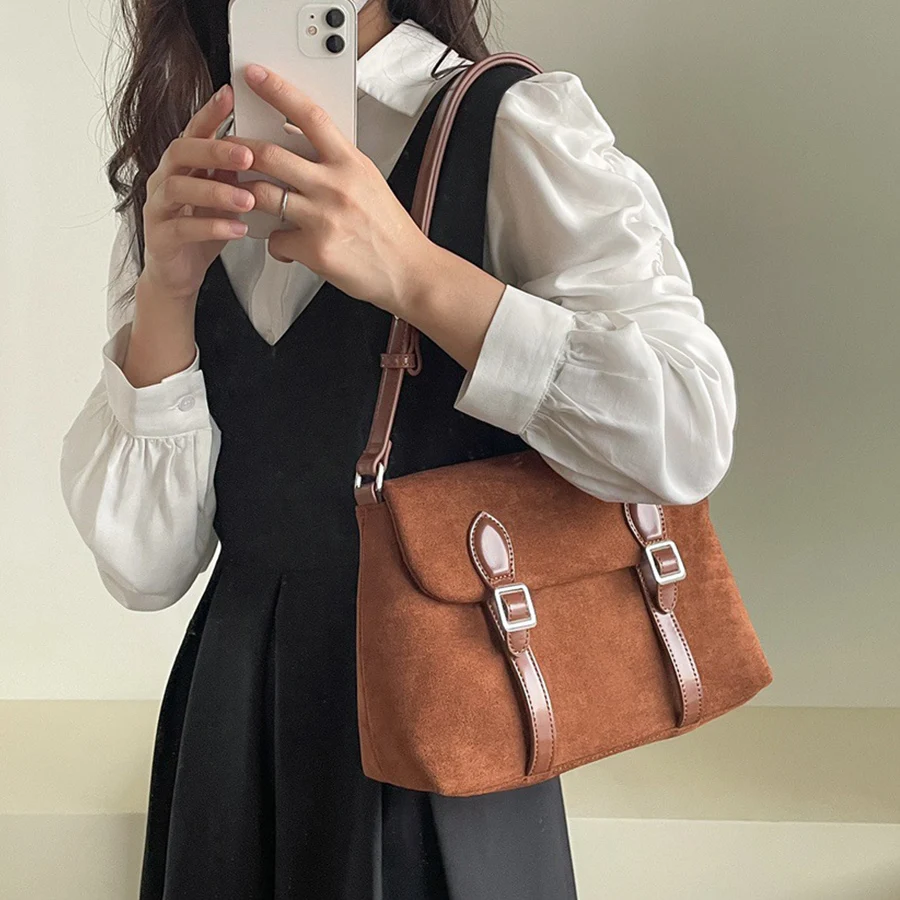 

Female Black Commuter Shoulder Bag Large Suede Nubuck Leather Women's Travel Crossbody Bags Ladies Hasp Stylish Underarm Handbag