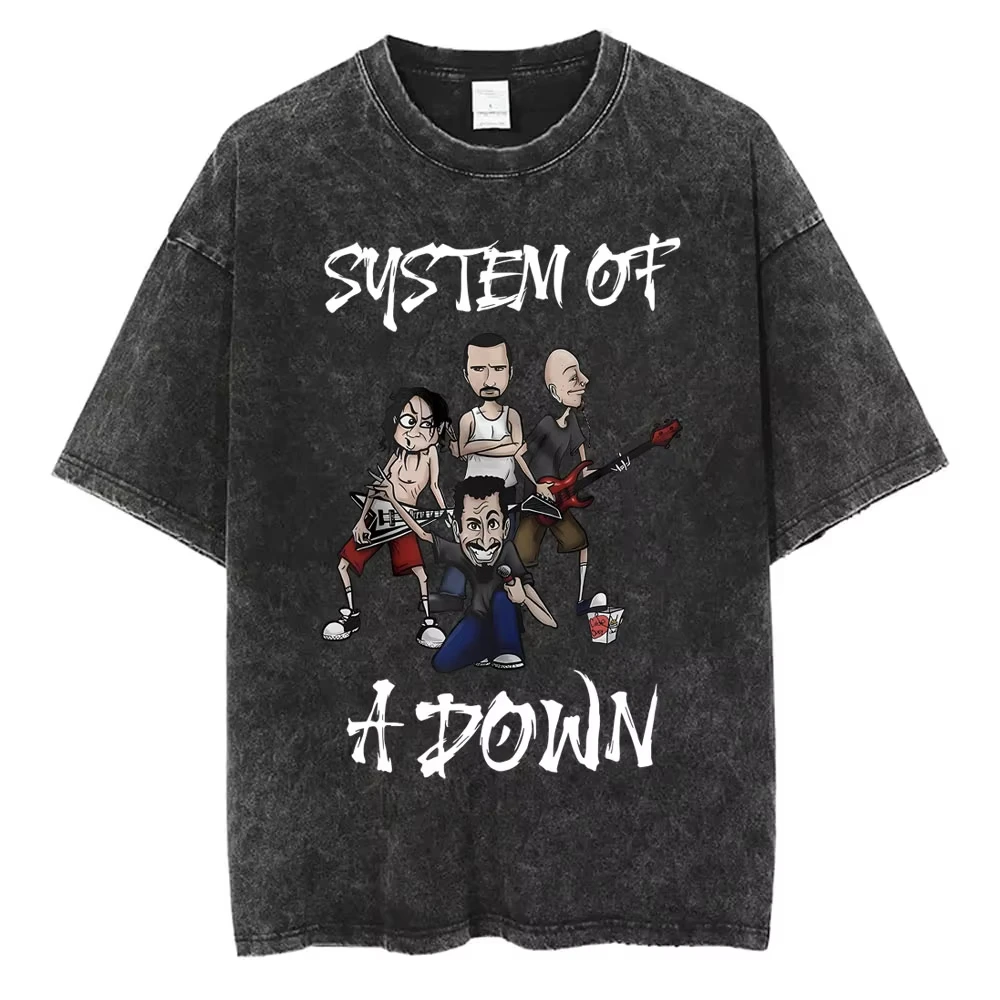 

2025 Washed Vintage Rock Band System of A Down Mezmerize Printed T-shirts Men Fashion Classic Metal Tshirt Male Streetwear
