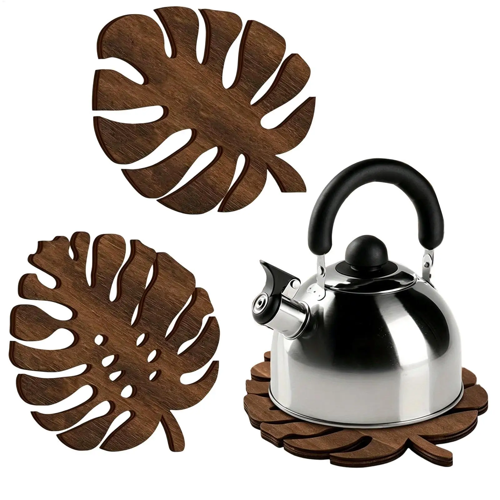 3Pcs Wooden Heat Resistant Trivet Set Monstera Leaves Design Kitchen Countertop Protector Desk Decor Table Coasters Cup Holder