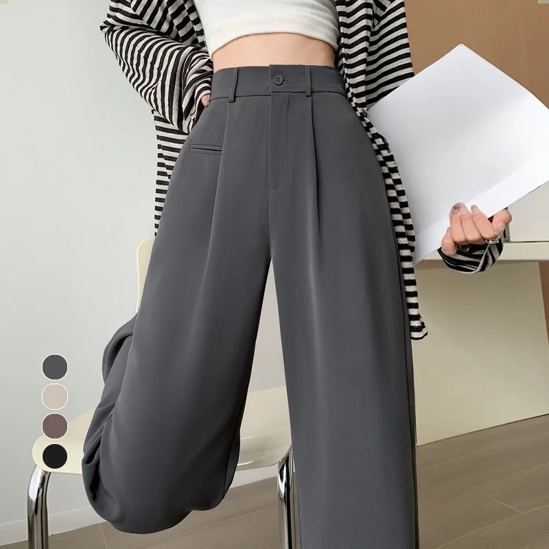 

2025 New Spring Summer Vintage Grey Women's Wide Leg Pants High Waist Casual Loose Straight Full Length Trousers for Womens