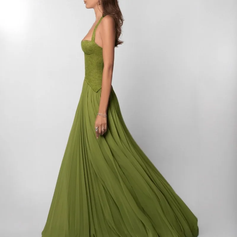 Sexy Low Cut Halter Maxi Dress Women Backless Pleated Patchwork Long Dresses 2026 Summer Lady Elegant Party A Line Vintage Dress - view 2