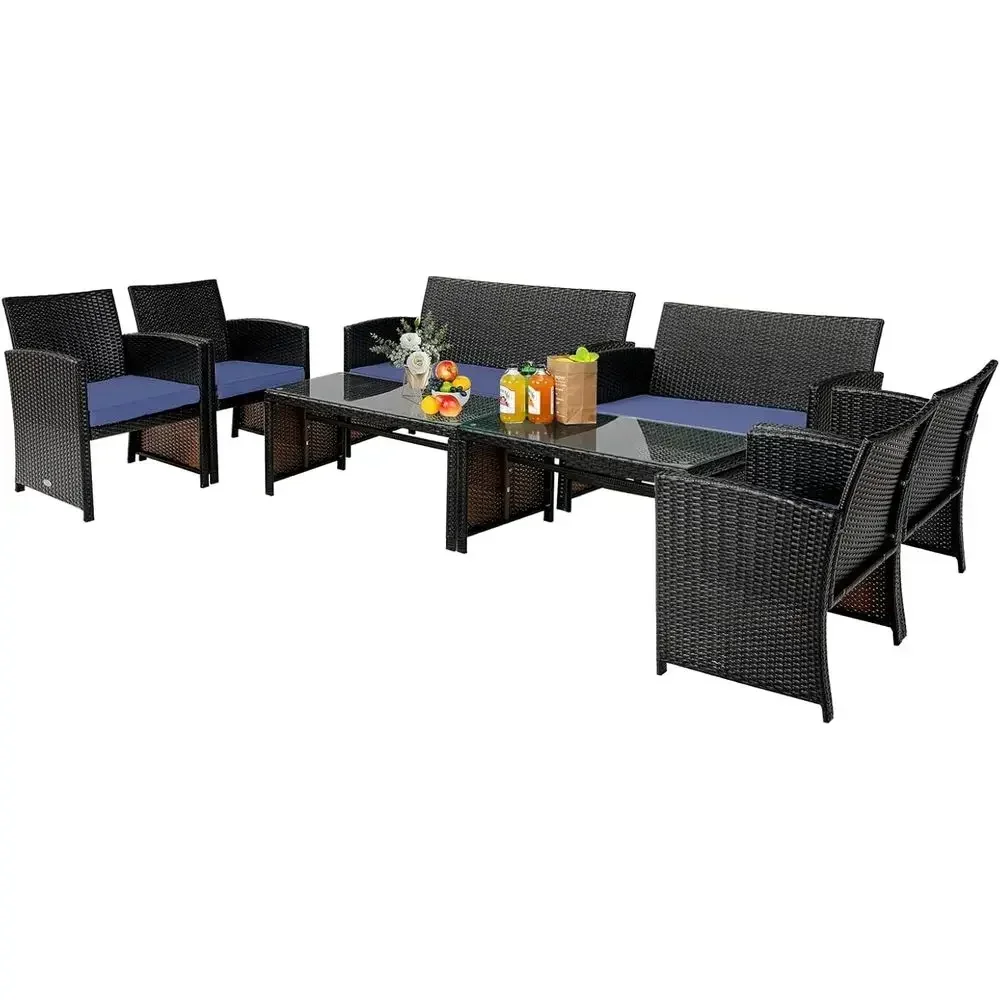 8 Pieces Rattan urniture Set, Outdoor Contion Set w/Chair & Loveseat & Tempered Glass Coee Table, Suitable or Garden, Backyard,