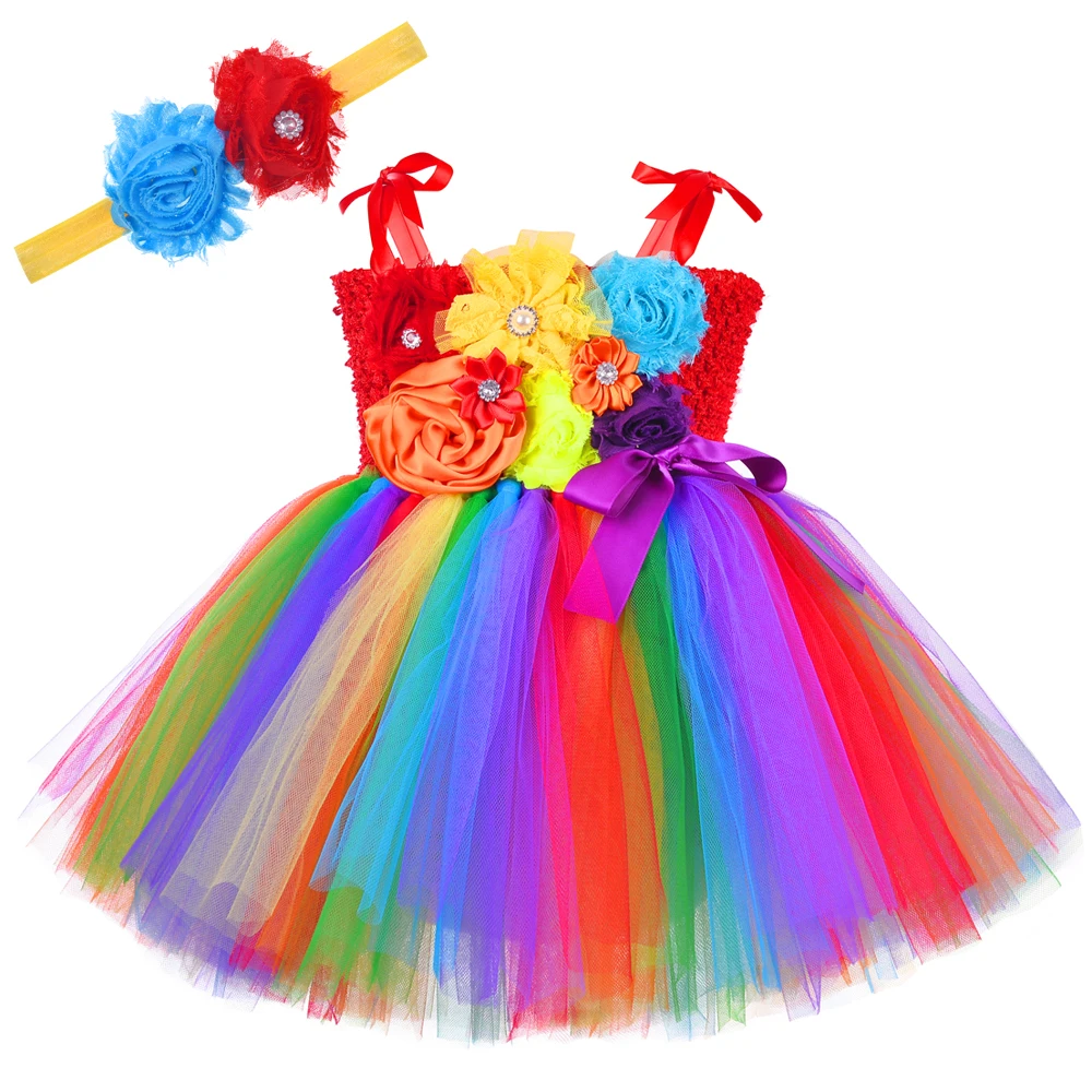 

Rainbow Flowers Costumes for Baby Girl 1 Year Birthday Tutu Dress Newborn Photography Props Outfits Toddler Kids Infant Clothes