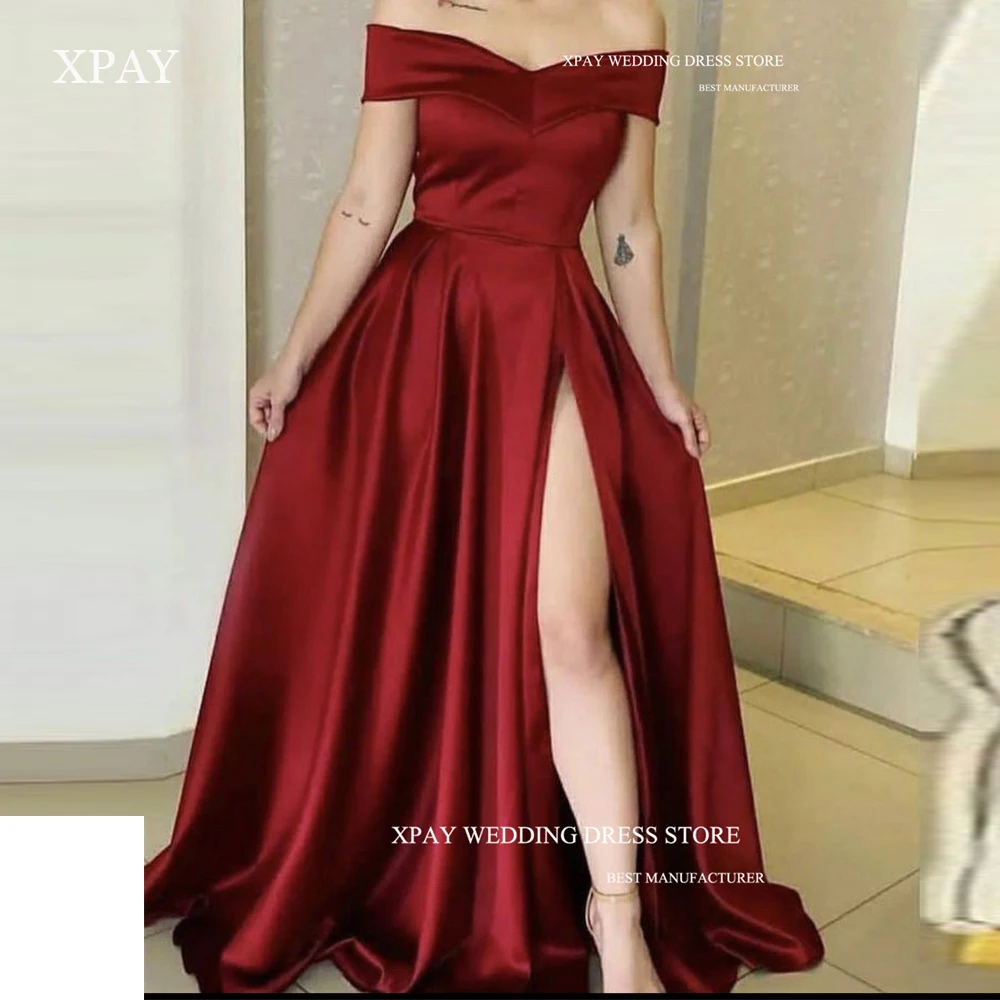 

XPAY Off the Shoulder Burgunday Satin Long Prom Dresses Side Split Floor Length Evening gowwns Wedding Party Dress Plus Size