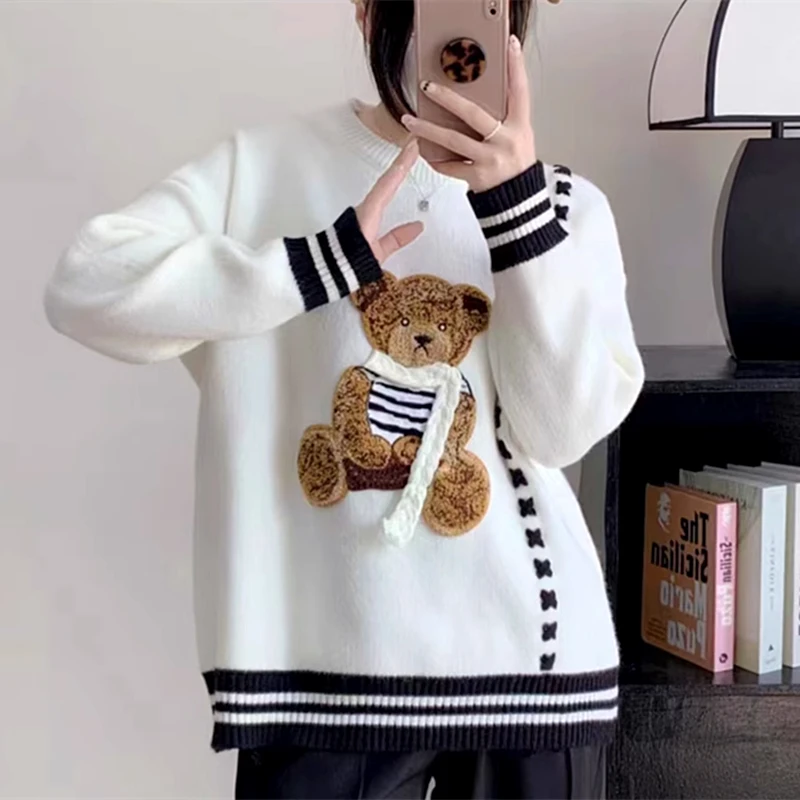 Vintage Side Seam Line Cute Bear Embroidery Sweater for Girls Varsity Students Kawaii Hoodies Coat Harajuku Couples Winter Tops