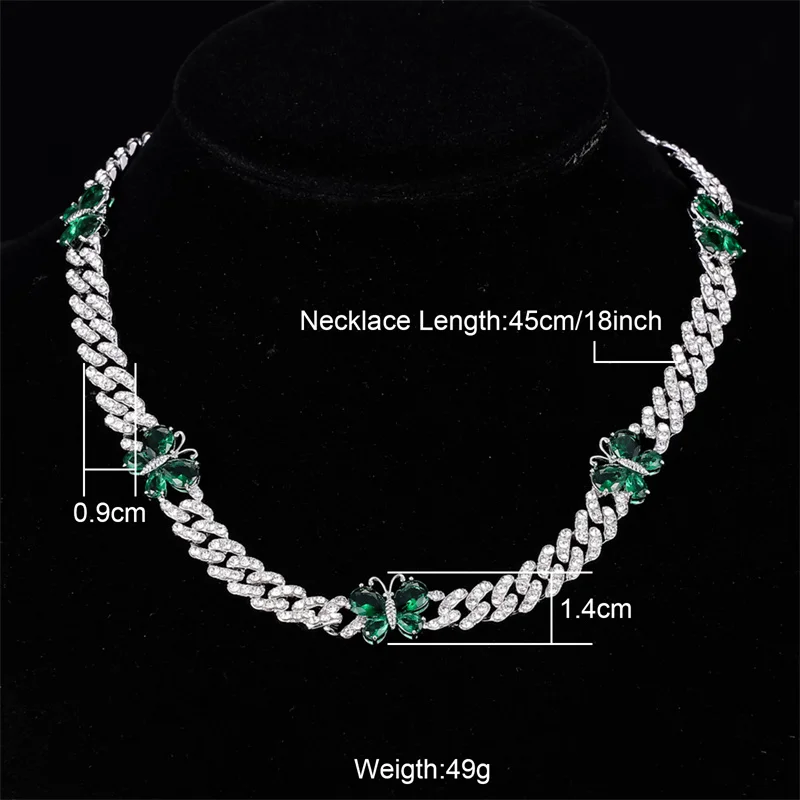 HIP HOP 9MM/10MM/13MM Cuban Link Chain With Green Butterfly Shape Stones Iced Out Rapper Necklaces For Men Women Choker Jewelry