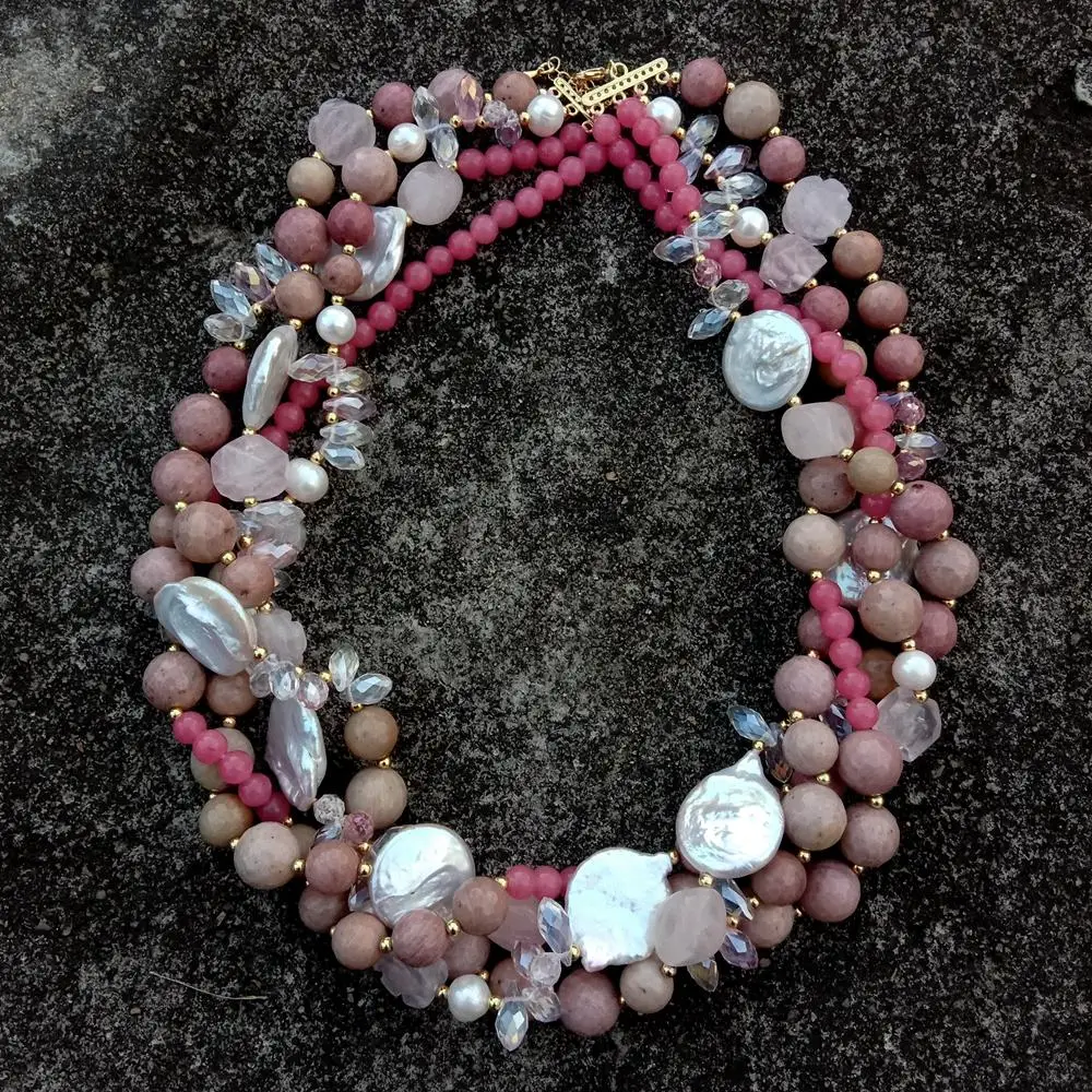 Y·YING 4 Strands Natural Gemstone Keshi Pearl Necklace Pink Rhodonite Jade Crystal Rose Quartz Torsade Necklace