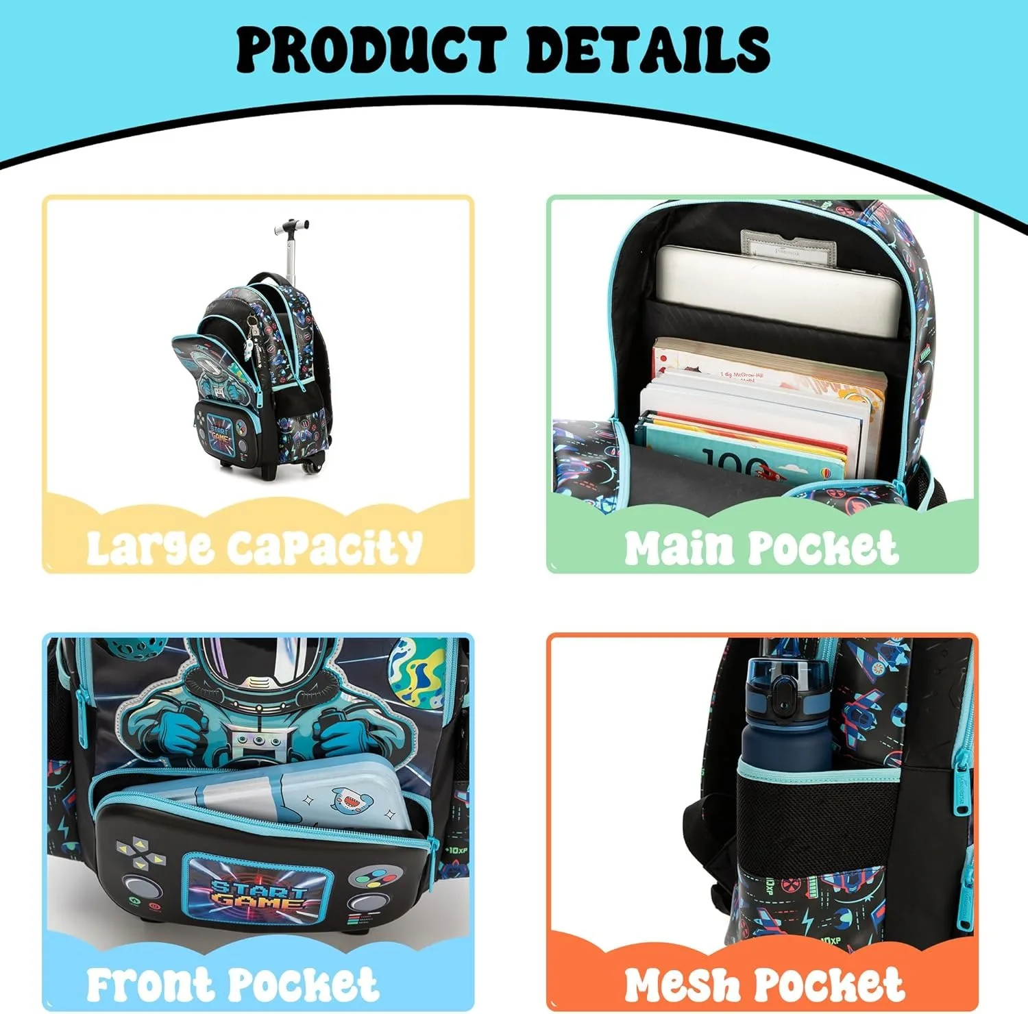 حقيبة ظهر مدرسية للأولاد والأطفال حقائب بعجلات مع عجلات للفتيات أثناء السفر وحقيبة كتب خفيفة الوزن للعودة إلى اللوازم المدرسية #4