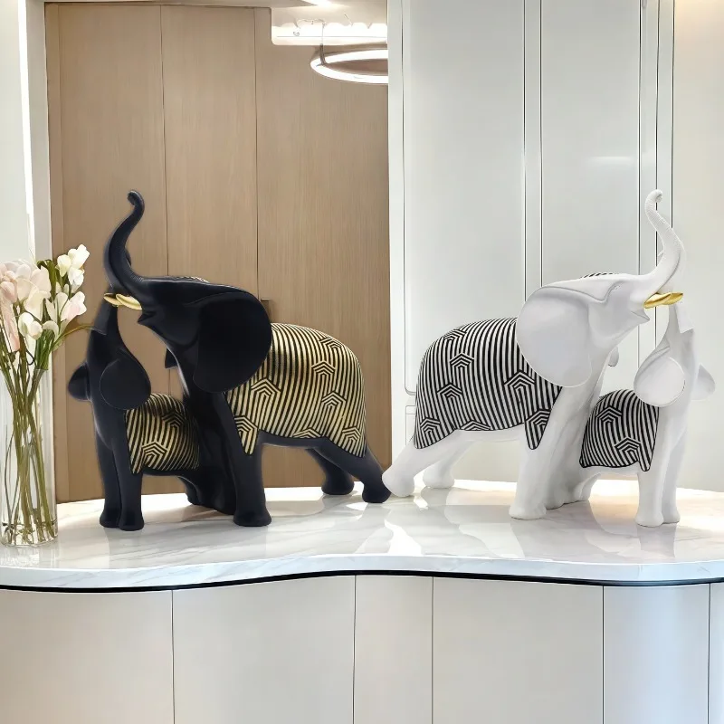 Chinese Style Lucky Mother And Child Elephant Resin Statue Modern Luxury Art Craft Home Decor For Living Room Entrance Tv Cabine