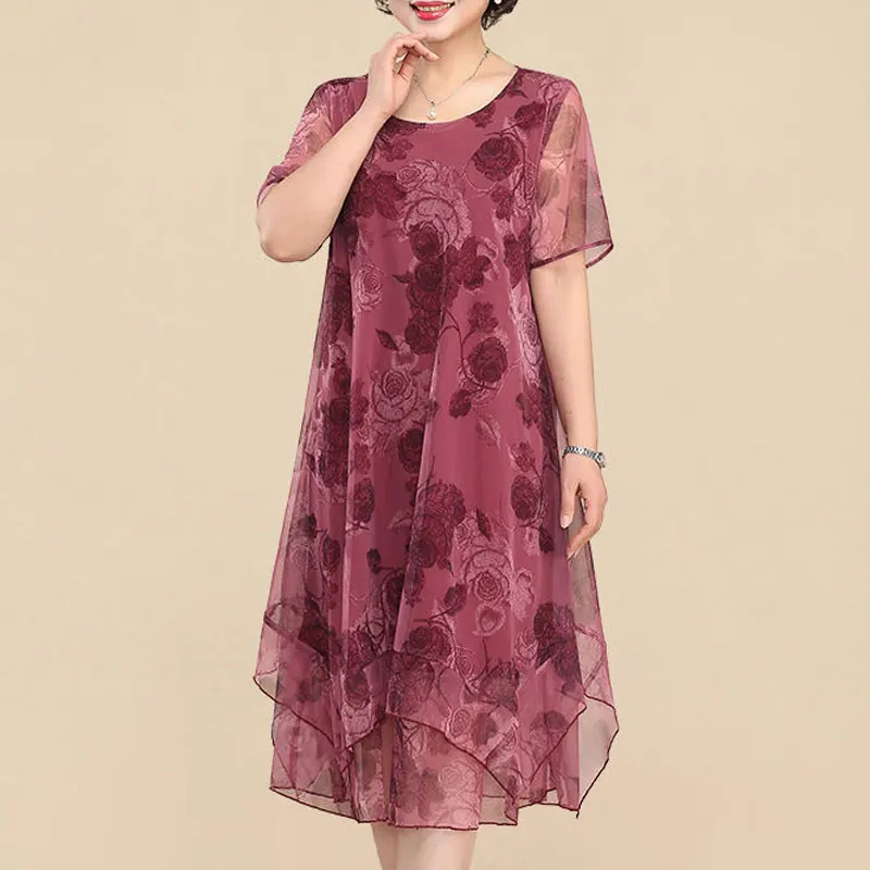 NEW O-Neck Short Sleeve Dresses Vintage Floral Printed Summer Gauze Spliced Women's Clothing Stylish Irregular Loose Midi Dress