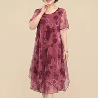 Nuevos vestidos de manga corta con cuello redondo, vestido Vintage con estampado Floral de gasa empalmado para mujer, vestido Midi holgado Irregular elegante