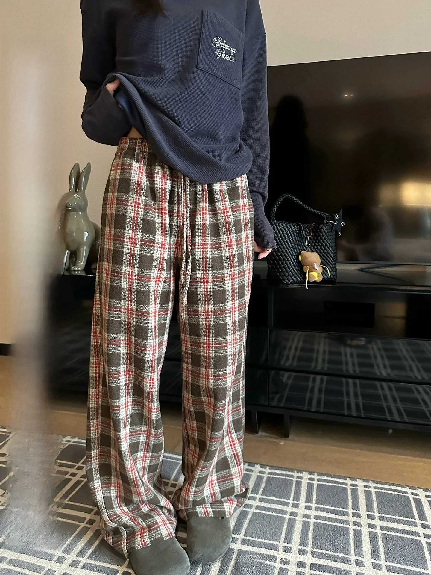 

Retro Plaid Wide Leg Casual Pants Women's Spring Design Loose Match All Coffee Color Drawstring Waist Low Waist