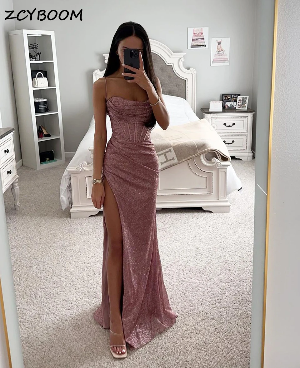 Sexy Rose Gold Sparkling Tulle Mermaid Evening Dresses 2023 Side Slit Floor Length Spaghetti Straps Graduation Party Prom Gowns