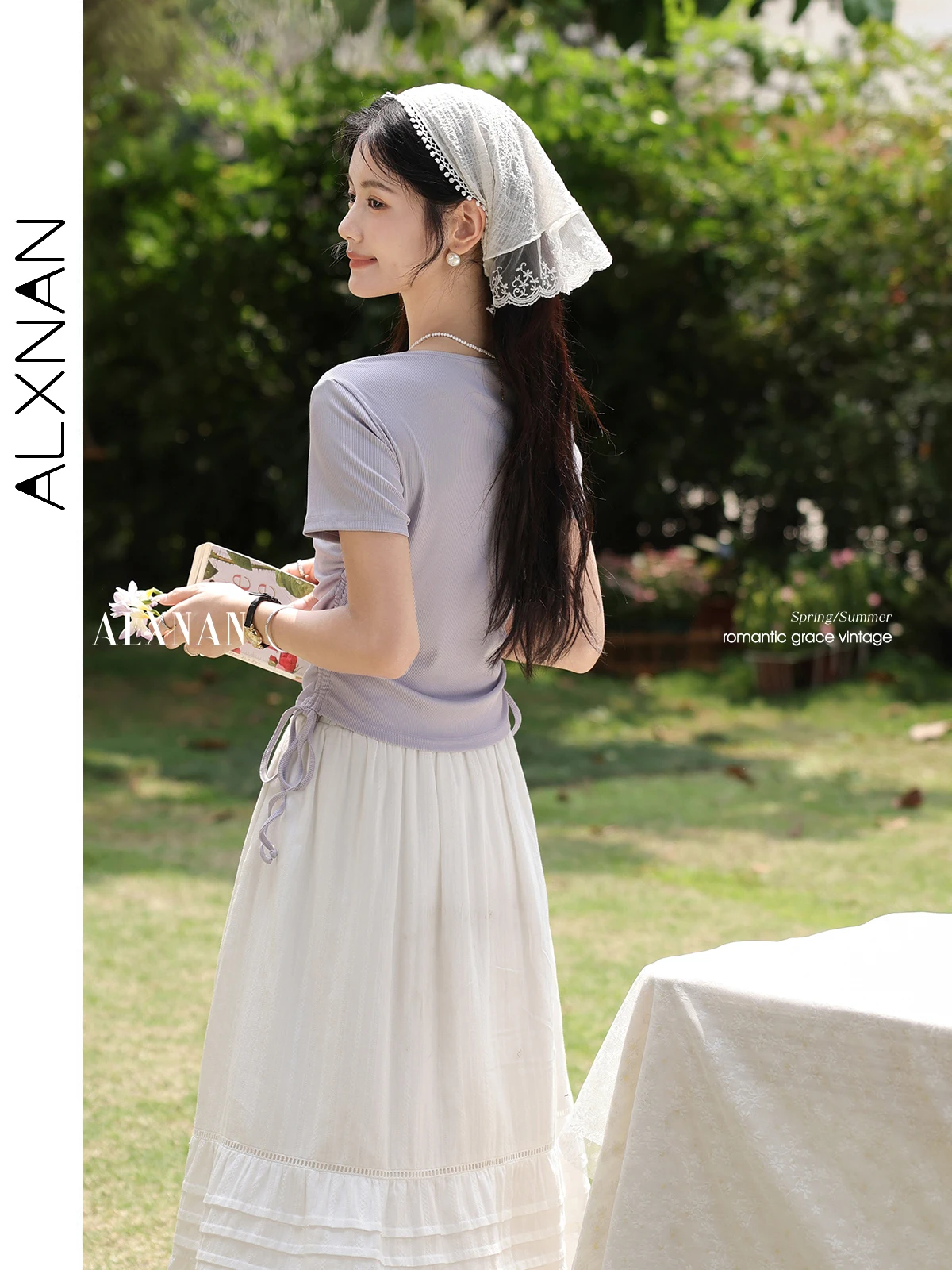 ALXNAN Plus Size Women's T-shirt Purple Elegant Short Sleeve T-shirt 2025 Summer Round Neck Drawstring Waist Tops Ladies D10588