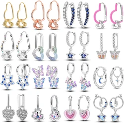 2024 New Hoop 925 Silver Sparkling Heart Shape Star Moon Butterfly Earrings Jewelry Gift For Women Girl Party Engagement