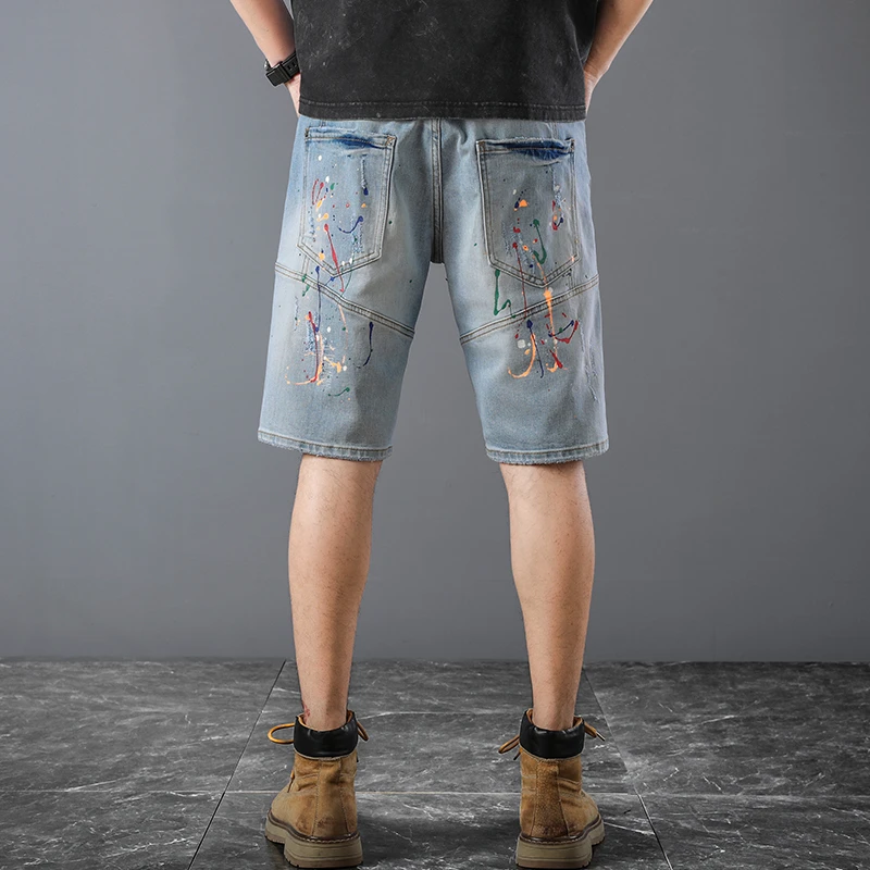 

JXN1013 Men's denim straight loose shorts summer casual thin section inkjet casual five trousers Korean version of the breeches