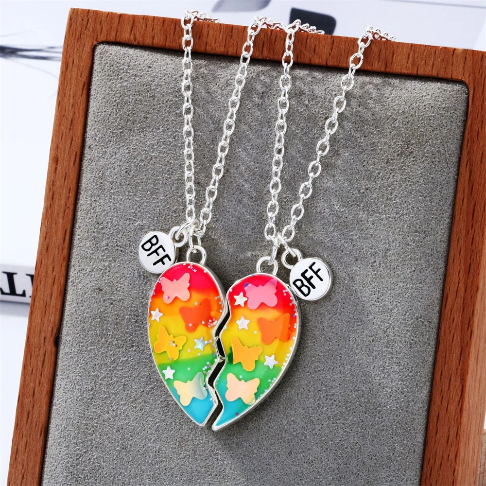 Cute Cartoon Glitter Heart Necklaces for Women Girls Magnet Attract Butterfly BFF Charm Clavicle Chain Friendship Jewelry Gifts