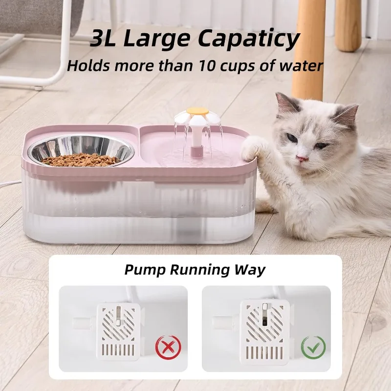 Cat Water Fountain and Food Bowl, 3L/101oz Ultra Quiet Pet Water Dispenser with Smart Pump and 3 Replacement Filters