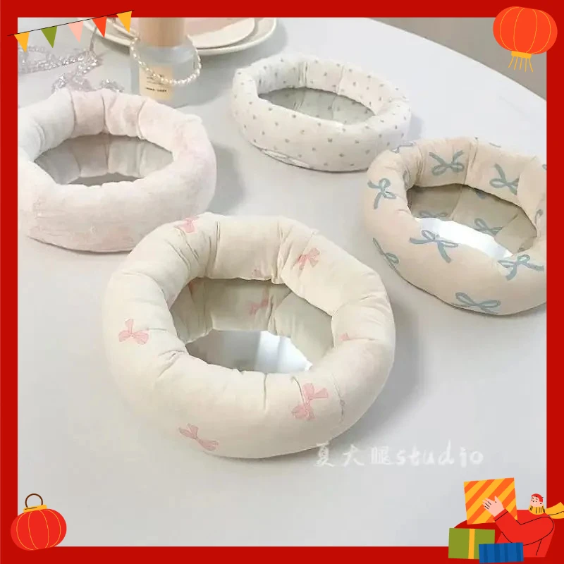 Bow Round Mirror with Fabric Storage Shelves Makeup for Bedroom Dressing Table Charming Young Lady’s Decorative