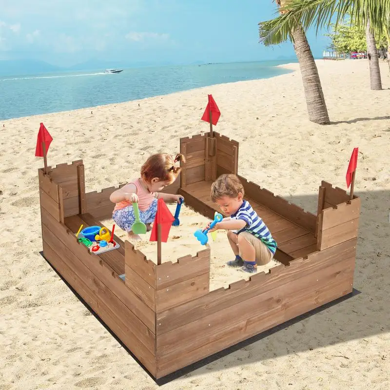 

Kids Wooden Sandbox with Bottom Liner and Red Flags