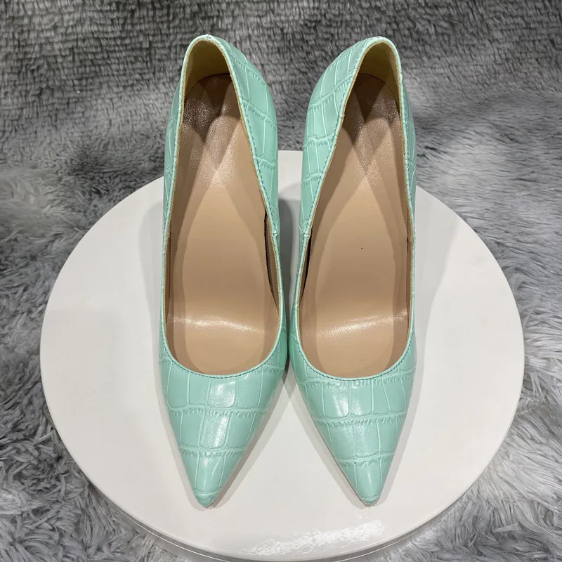 Tikicup Mint Light Green Crocodile Effect Women Sexy Pointy Toe High Heel Shoes for Party Comfortable Slip On Stiletto Pumps