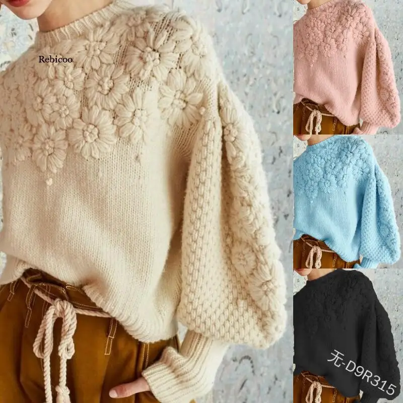 Pullover Sweater Round Neck Autumn and Winter Jumpers Women Knitted Pullovers Thermal Solid Embroidered Sweater