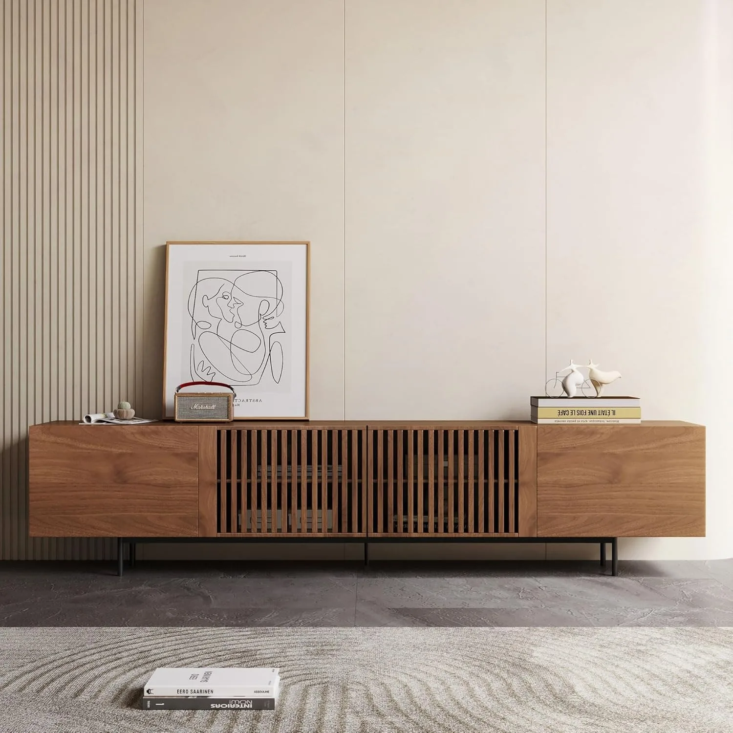 حامل تلفزيون حديث لمنتصف القرن لأجهزة تلفزيون مقاس 80+ بوصة، وحدة تحكم من خشب الجوز مقاس 94.48 بوصة مع مساحة تخزين كافية - مركز ترفيه أنيق للعيش