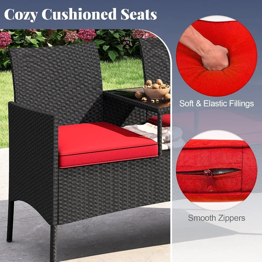 Tangkula Patio Loveseat met ingebouwde tafel Rieten 2-zitsmeubilair met zachte kussens Gehard glazen tafelblad Metalen frame Outdoo