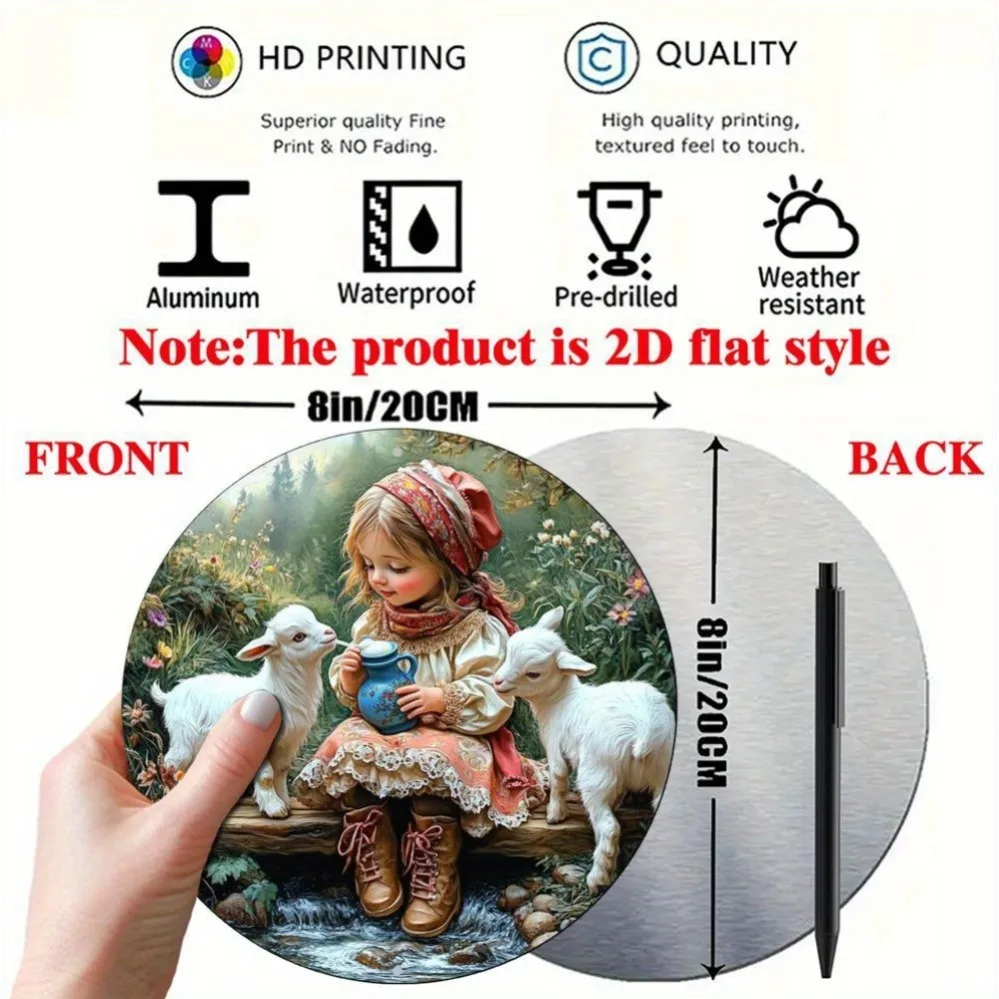 Vintage Country Little Girl White Goats Stream Round Metal Tin Sign Wall Decor For Home Farm Art Plaque