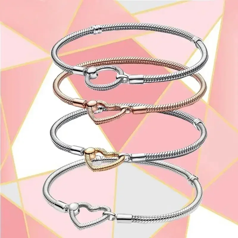 2024 New 100% High Quality S925 Sterling Silver Heart Buckle Snake Bracelet Collection Women Fashion Diy Exquisite Jewelry Gifts