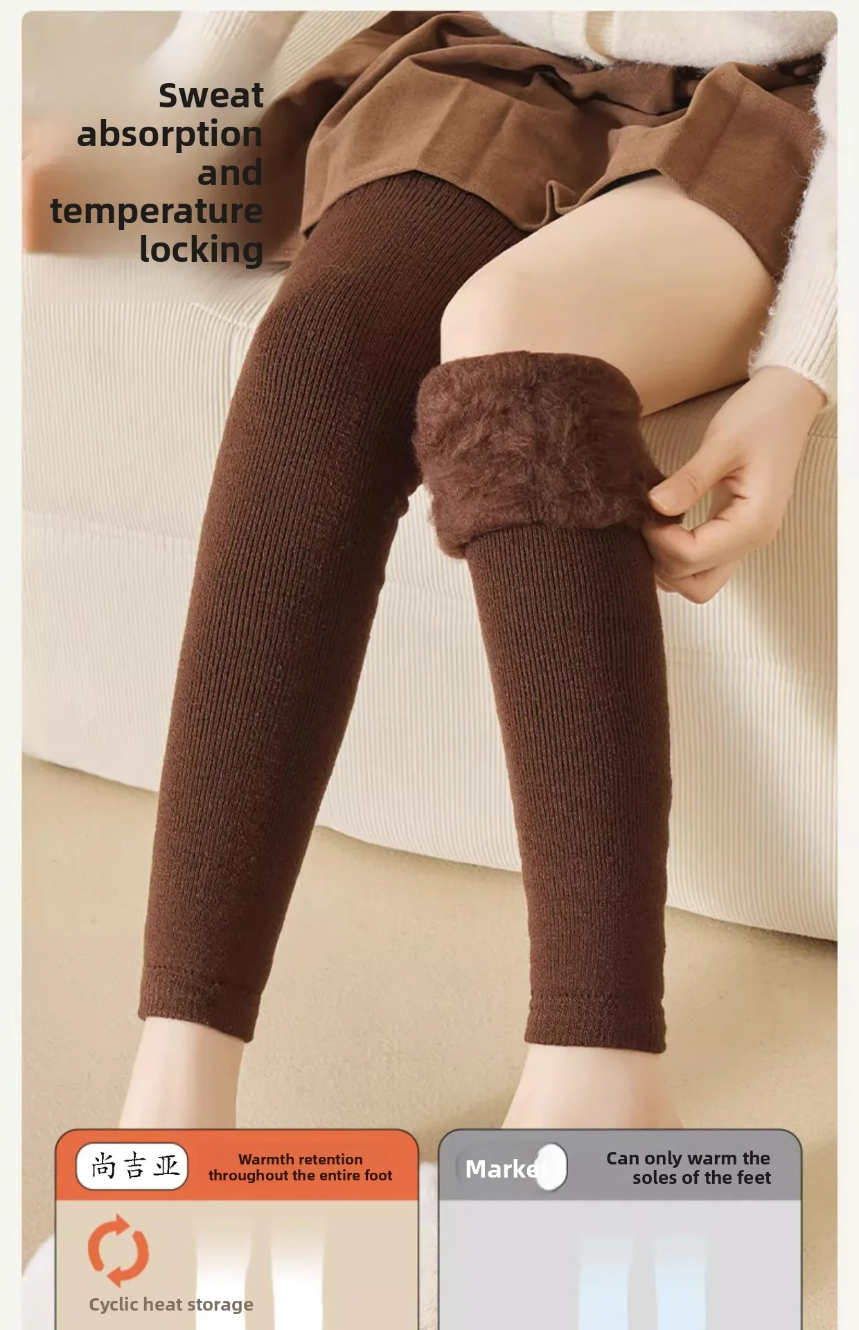 Overknee-Socken für Damen, mit Thermo-Fleece gefüttert, verdickte Wolle, Beinwärmer, Winter-Knieschutz gegen Kälte – Detail 14