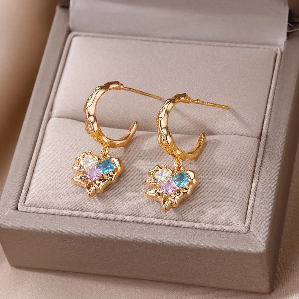 

Colored Zircon Heart Lava Design Earrings For Women Stainless Steel Gold Color Statement Earring Christmas Aesthetic Jewelry