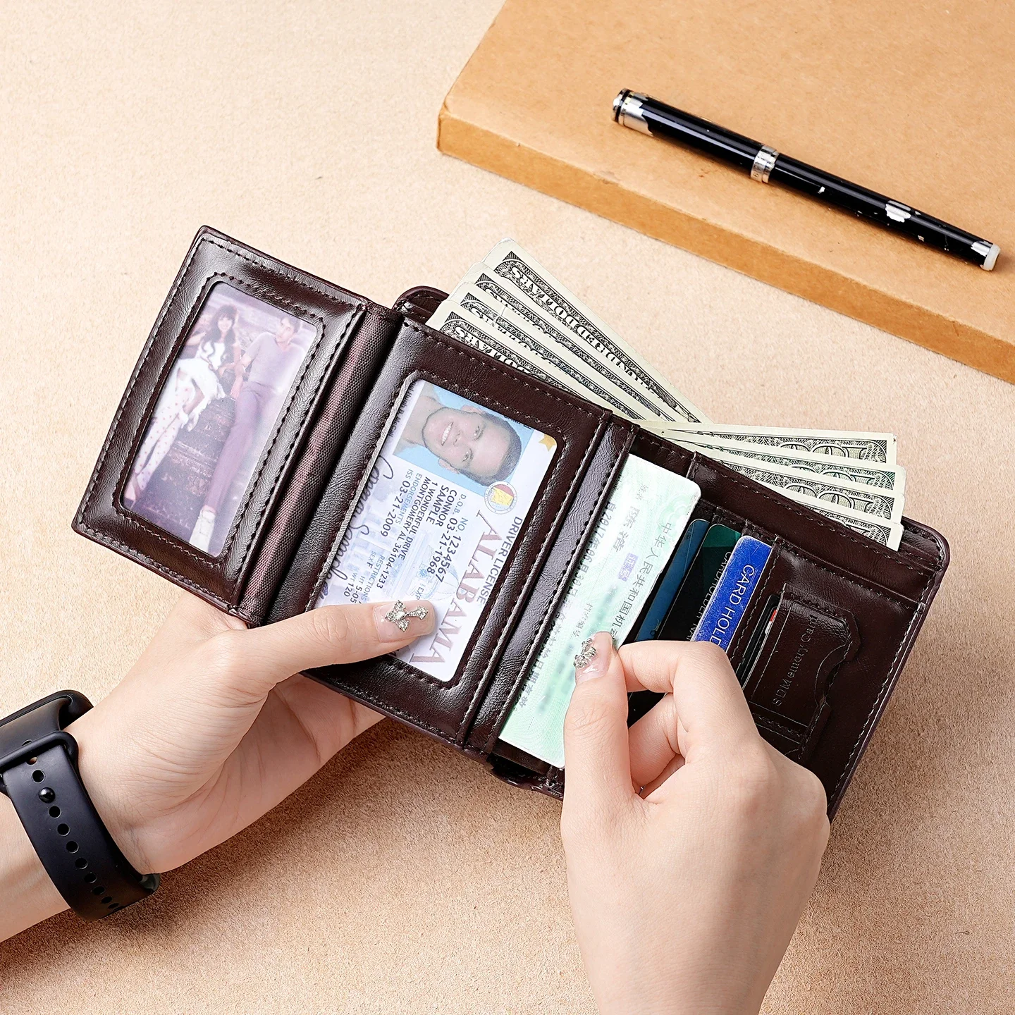 New Retro Vertical Tri-Fold Men's Compact Wallet Anti-Theft Card Reader Bag Driver License Holder