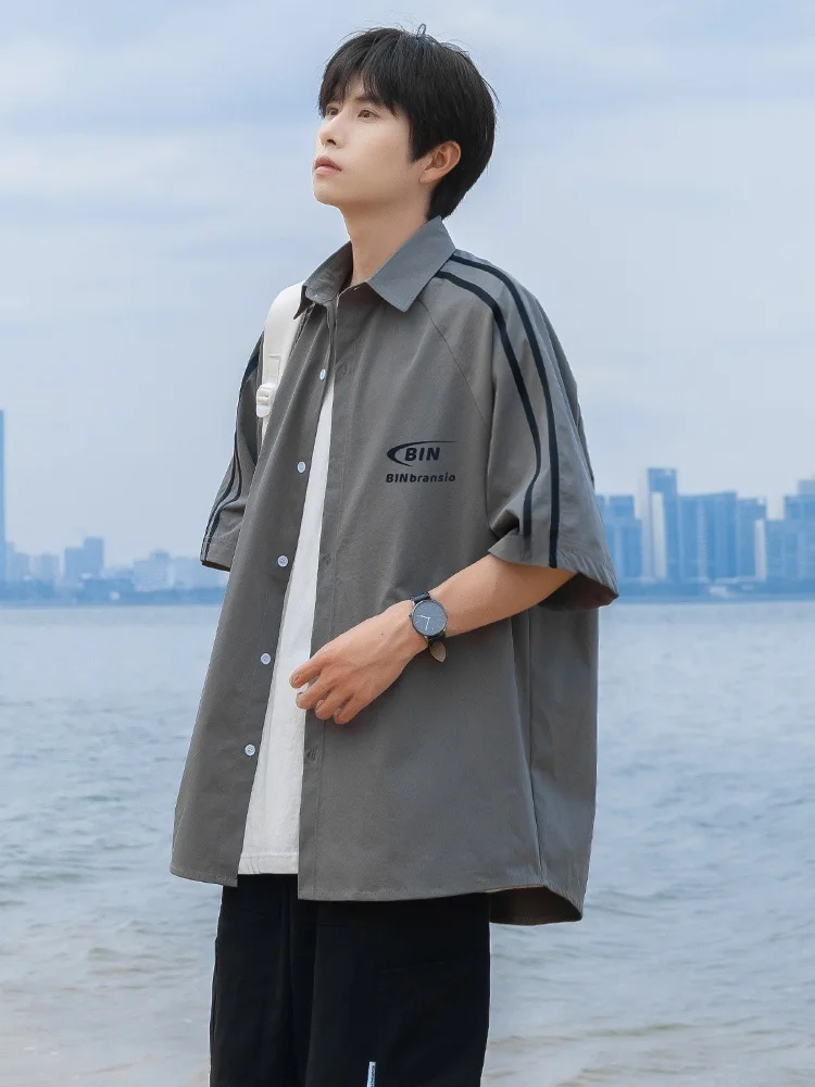 

Cool Feeling Thin Short Sleeve Shirt Men's Summer Half Sleeve Jacket High End Stylish Top Striped Patchwork Design American S...