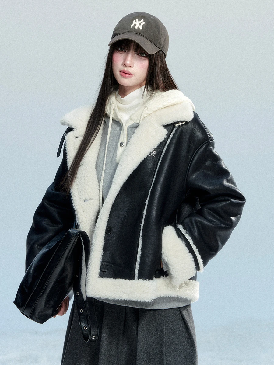 Warmth Guaranteed Fragile Heart Street Style Loose Fit Thick Sheepskin Leather Jacket with Removable Hood Pure Color PU Leather